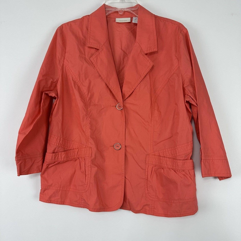 Chicos Jacket Blazer Size 2 US L Coral 3/4 Sleeve Button Cotton Lightweight